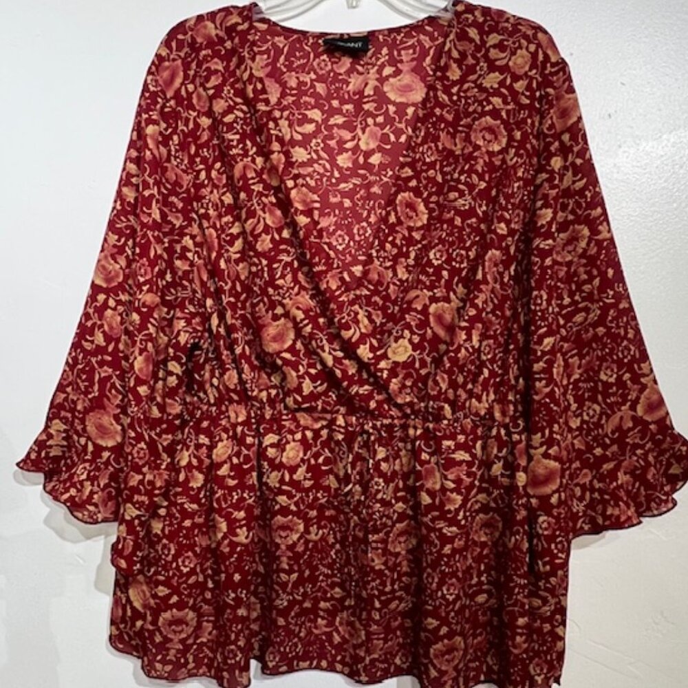 Lane Bryant Womans Rust/Tan Floral Blouse, V-neck, adjustable tie waist, Size 3X